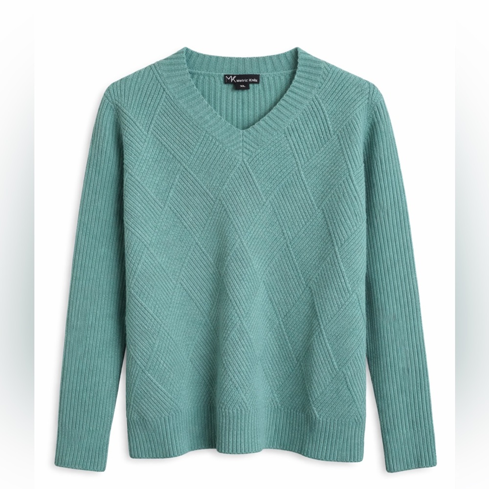 Metric Knits Teal Textured Sweater XL Ribbed V Neck